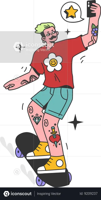 Niño tomando selfie en patineta  Ilustración