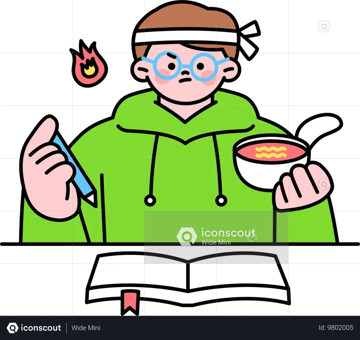 Niño tomando sopa mientras estudia  Ilustración