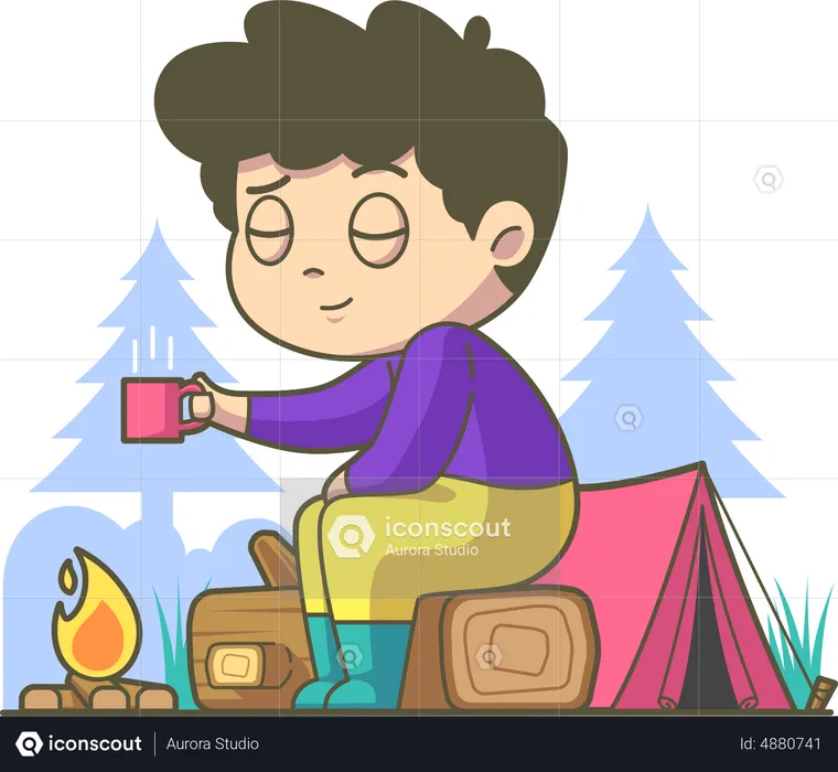 Niño tomando té caliente durante el camping  Ilustración