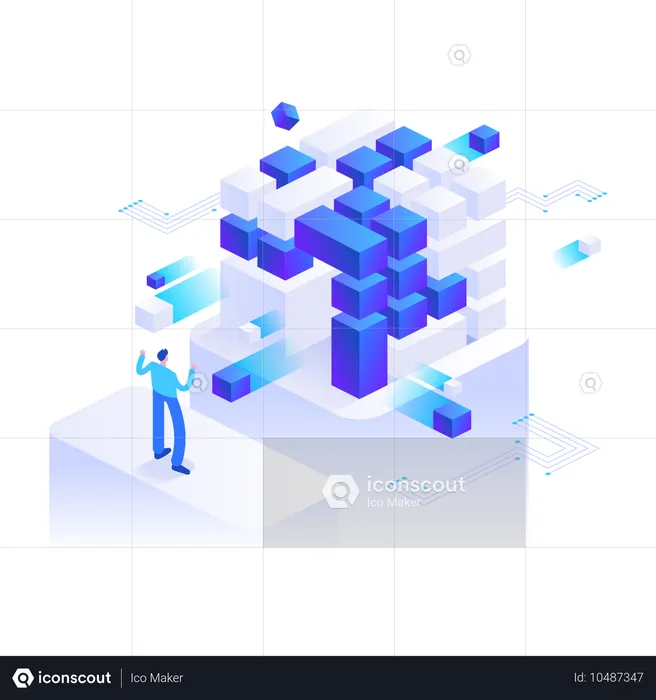 Niño trabajando con tecnología blockchain  Ilustración