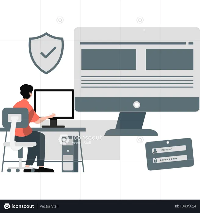Niño trabajando en el monitor de seguridad  Ilustración