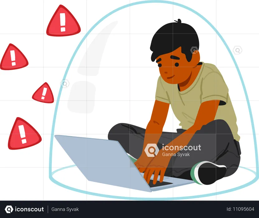 Niño trabajando en una computadora portátil mientras practica seguridad en la web  Ilustración