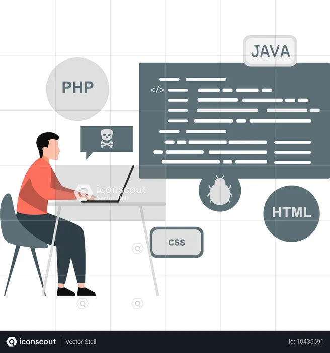 Niño trabajando según código PHP en una computadora portátil  Ilustración