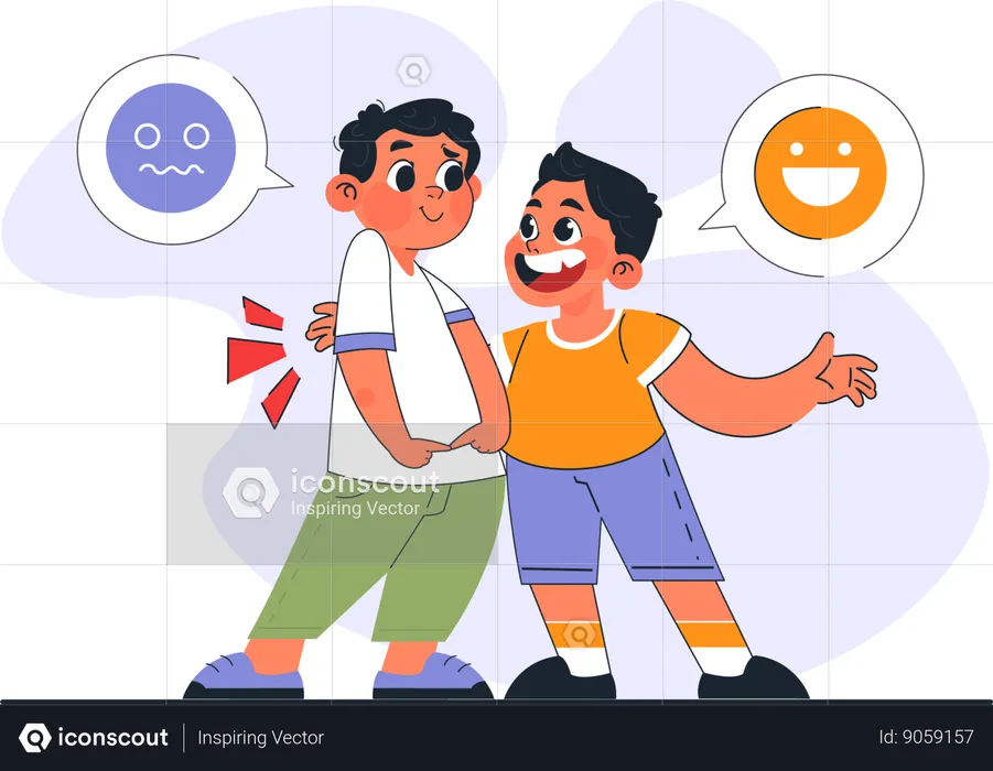 Niño triste y niño feliz hablando juntos  Ilustración