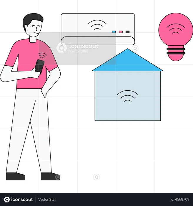 Niño usando tecnología de hogar inteligente  Ilustración