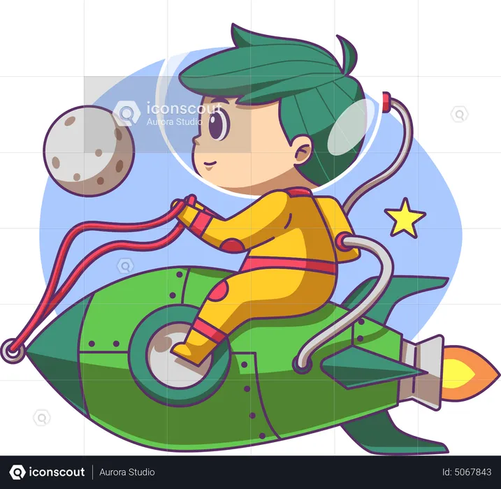 Niño volando mientras está sentado en un cohete  Ilustración