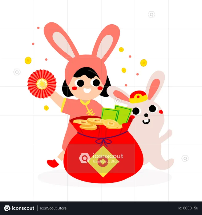 Niño y conejo celebrando el año nuevo chino.  Ilustración