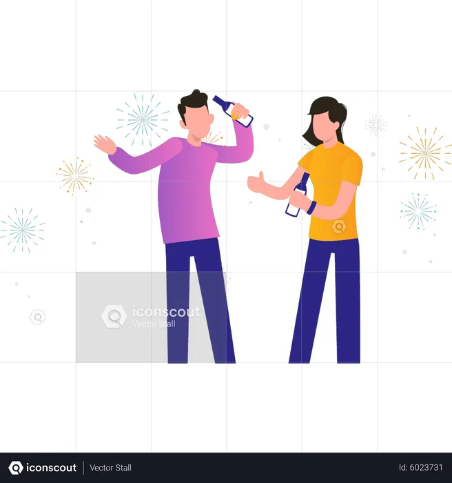 Niño y niña celebrando año nuevo  Ilustración