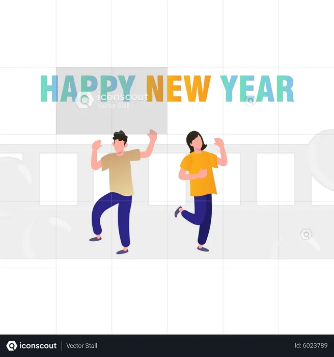 Niño y niña celebrando año nuevo  Ilustración