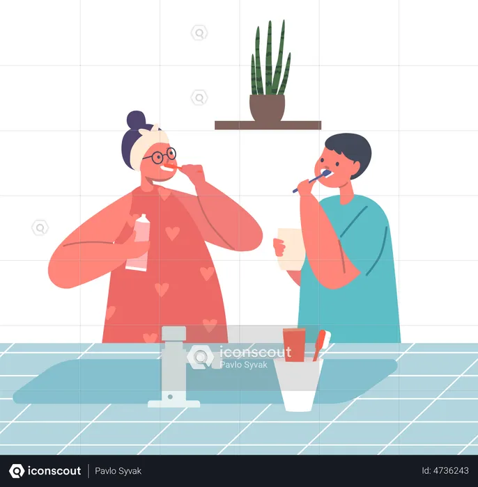 Niño y niña cepillándose los dientes en el baño.  Ilustración