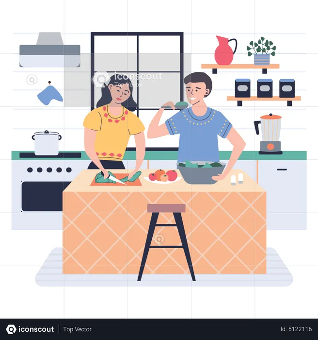 Niño y niña cocinando juntos  Ilustración