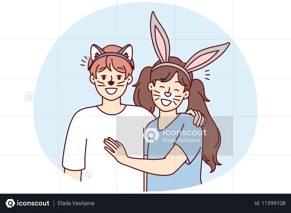 Niño y niña con orejas de animales y bigotes pintados en las caras para la mascarada escolar.  Ilustración