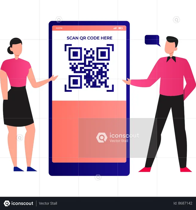 Niño y niña están hablando de código QR  Ilustración