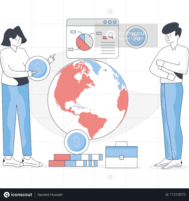 Un niño y una niña hablan sobre la economía global.  Ilustración