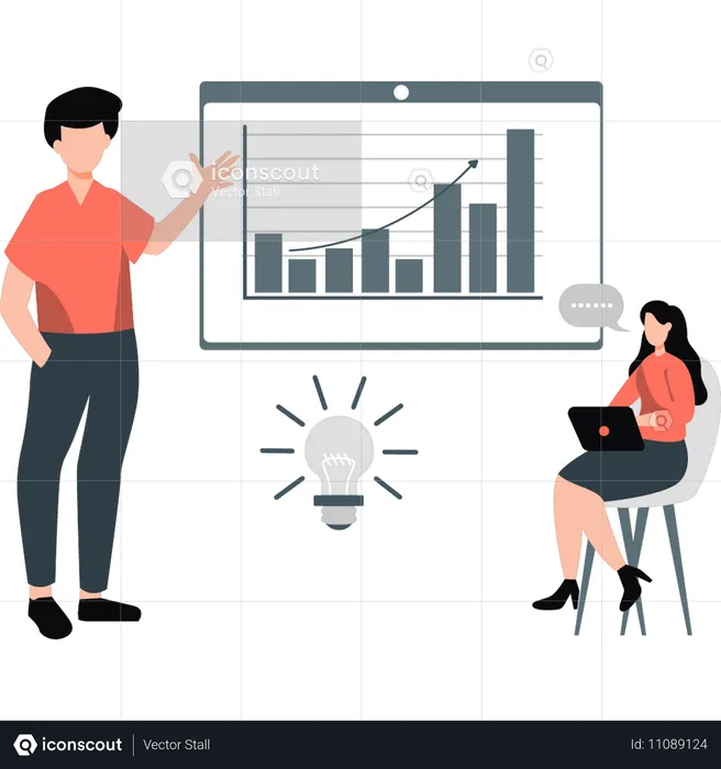 Niño y niña hablando sobre el gráfico de crecimiento empresarial  Ilustración