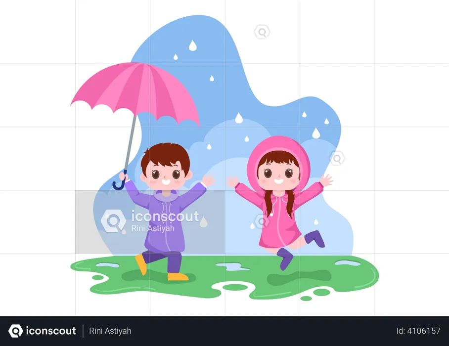 Niño y niña jugando bajo la lluvia  Ilustración