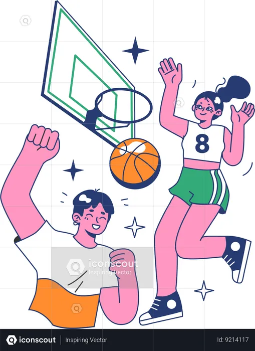 Niño y niña jugando baloncesto  Ilustración