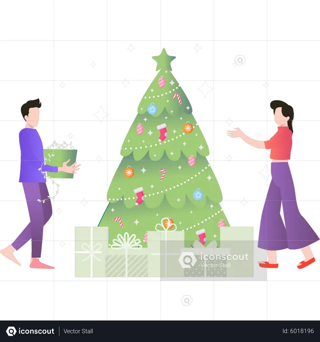 Niño y niña mirando el árbol de Navidad  Ilustración