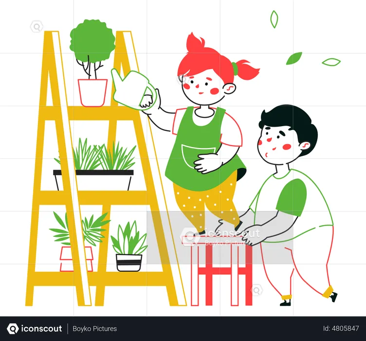 Niño y niña regando plantas  Ilustración