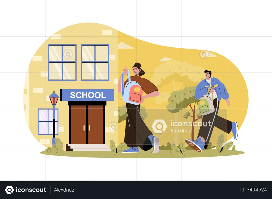 Niño y niña yendo a la escuela  Ilustración