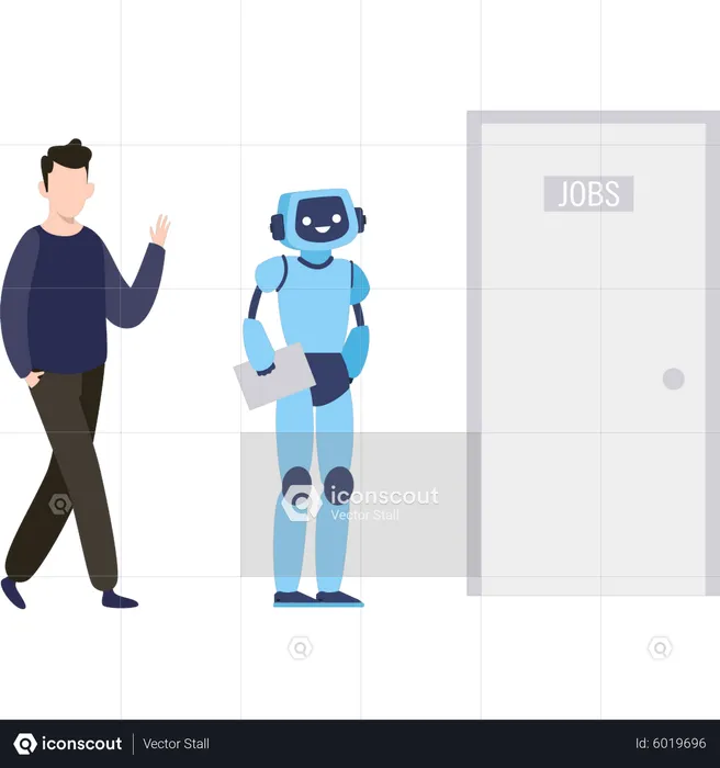 El niño y el robot se encuentran afuera de la sala de trabajo.  Ilustración
