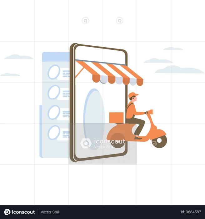 Niño yendo en scooter para entrega en línea  Ilustración