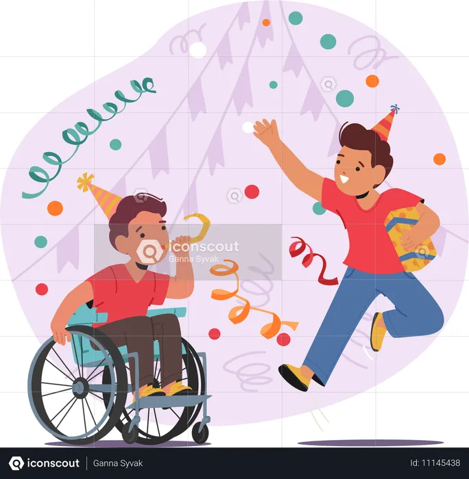 Niños alegres celebrando un cumpleaños, incluido un niño en silla de ruedas, mostrando inclusión y felicidad, imagen vectorial  Ilustración