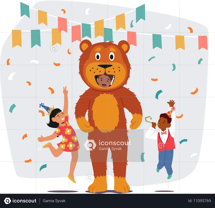 Niños bailando alegremente con un animador vestido de oso en una fiesta navideña  Ilustración