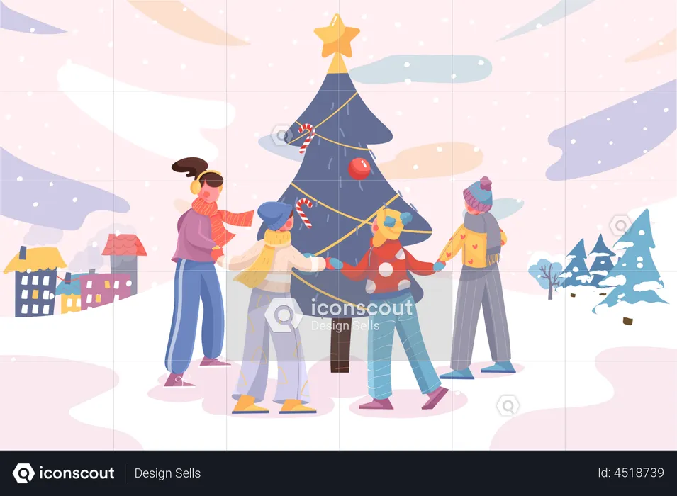 Niños bailando alrededor de un árbol decorado  Ilustración