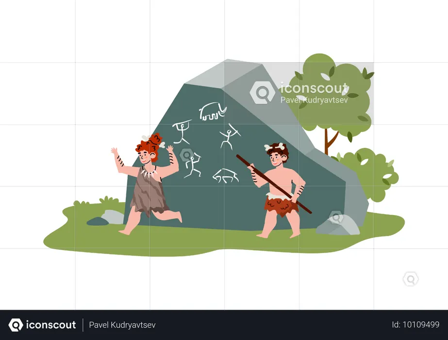 Niños de cuevas prehistóricas de la edad de piedra dibujan imágenes primitivas en la roca  Ilustración