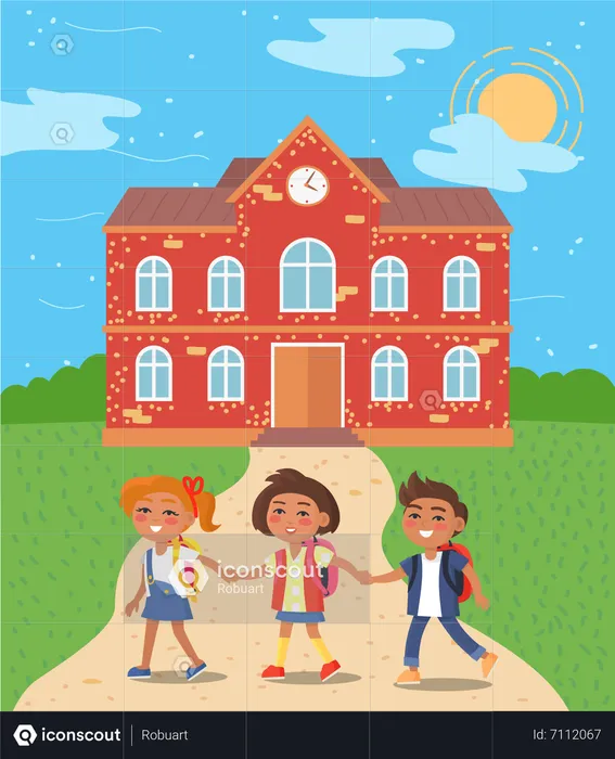 Niños de escuela parados frente al edificio de la escuela de ladrillo rojo  Ilustración