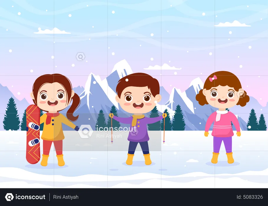 Niños disfrutando de la actividad de patinaje sobre hielo.  Ilustración