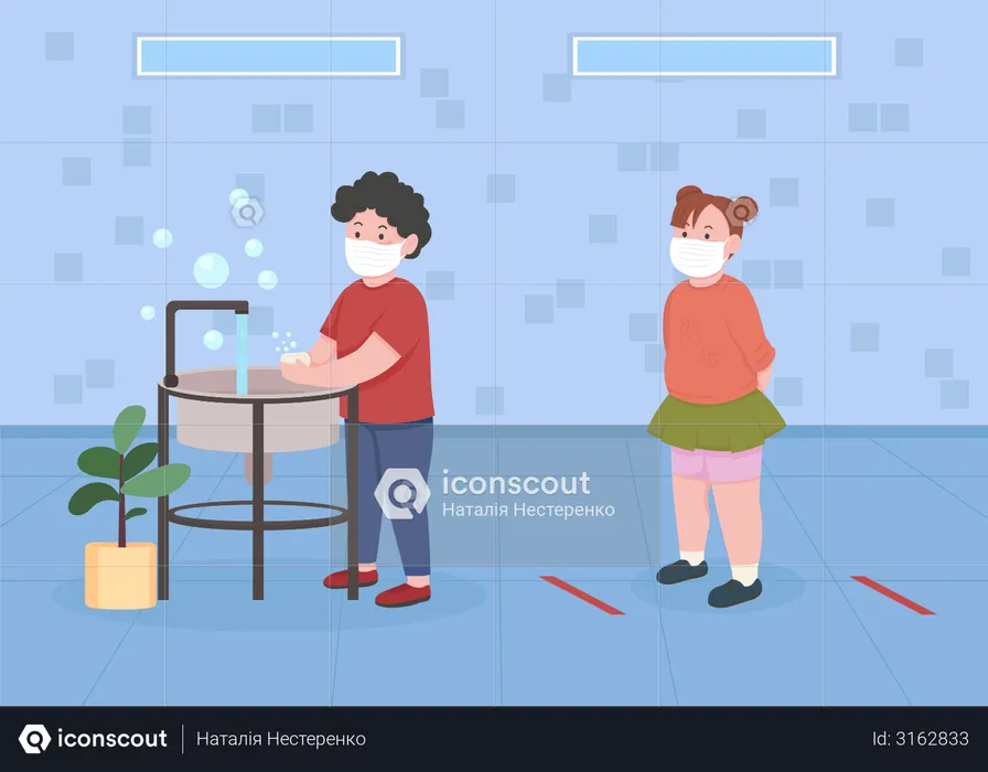 Niños en el baño con distancia social.  Ilustración