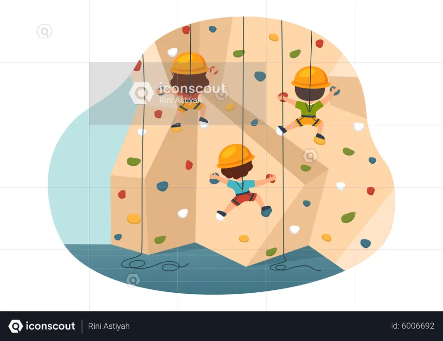 Niños escalando una montaña de acantilado artificial  Ilustración