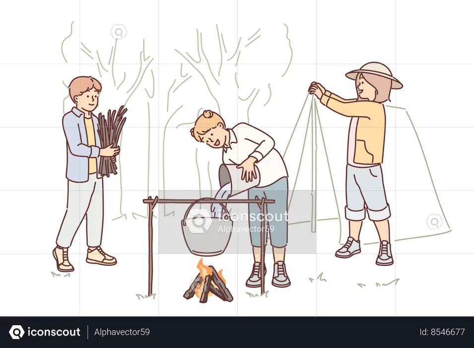 Los niños exploradores participan en una caminata por el bosque, montan una tienda de campaña y encienden fuego para preparar la cena.  Ilustración