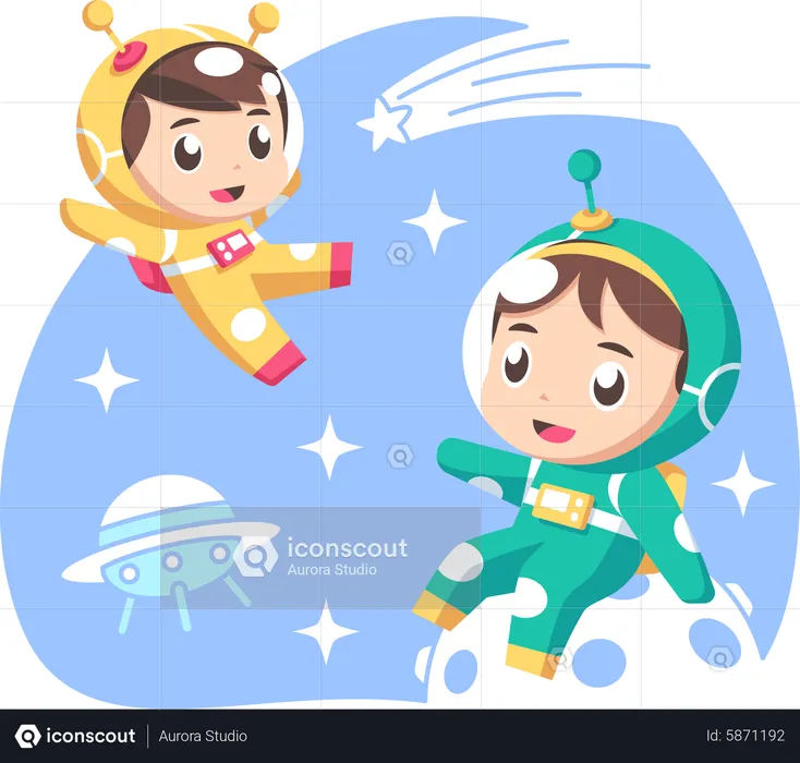 Niños explorando el espacio  Ilustración