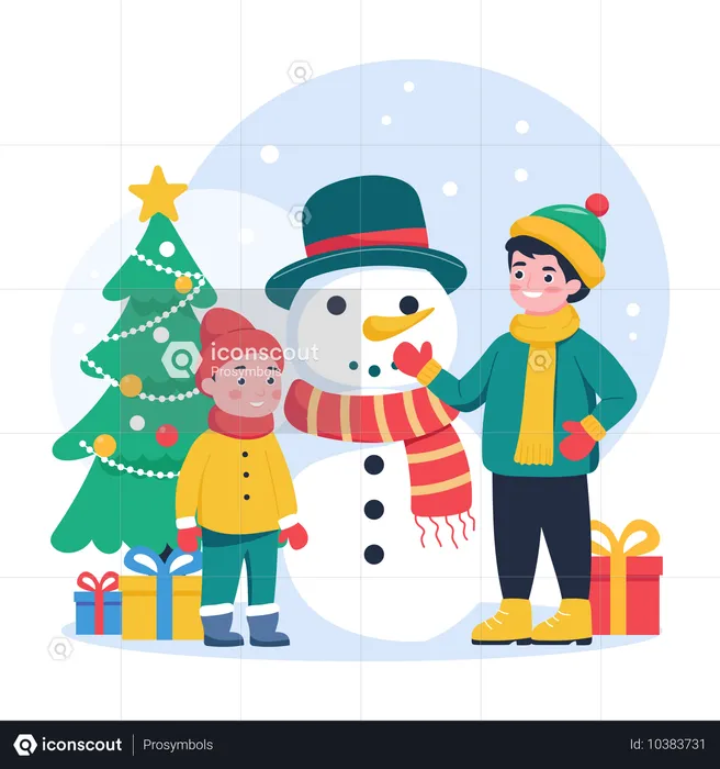 Niños haciendo muñecos de nieve durante Navidad  Ilustración