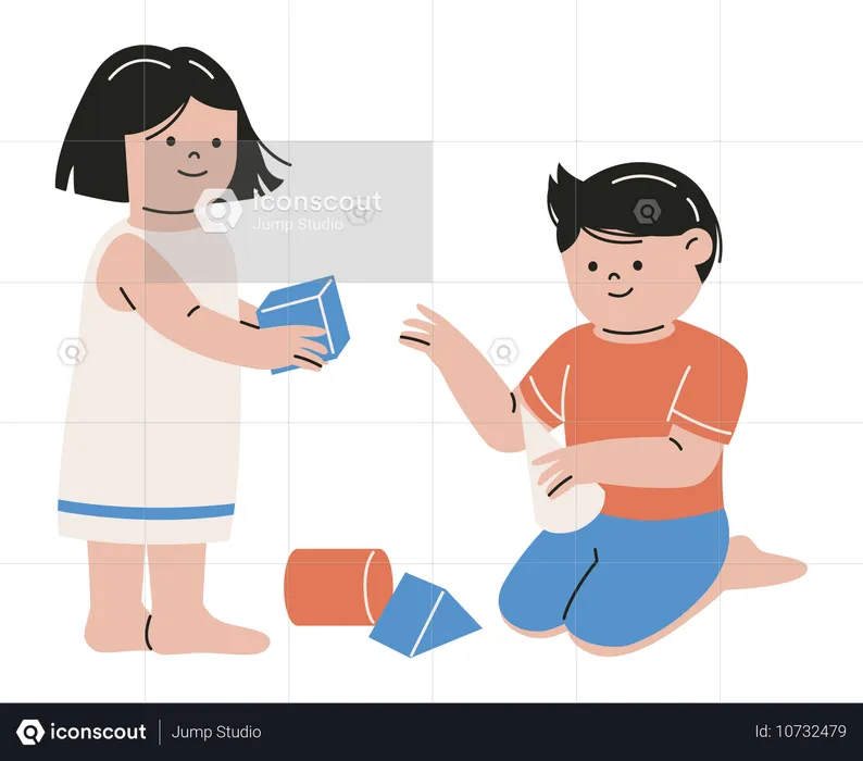 Niños jugando con bloques de construcción  Ilustración