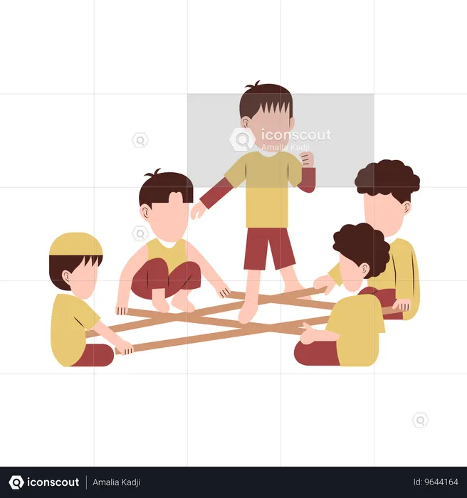Niños jugando con cañas de bambú.  Ilustración