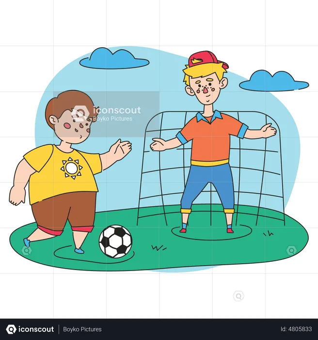 Niños pequeños jugando al fútbol  Ilustración