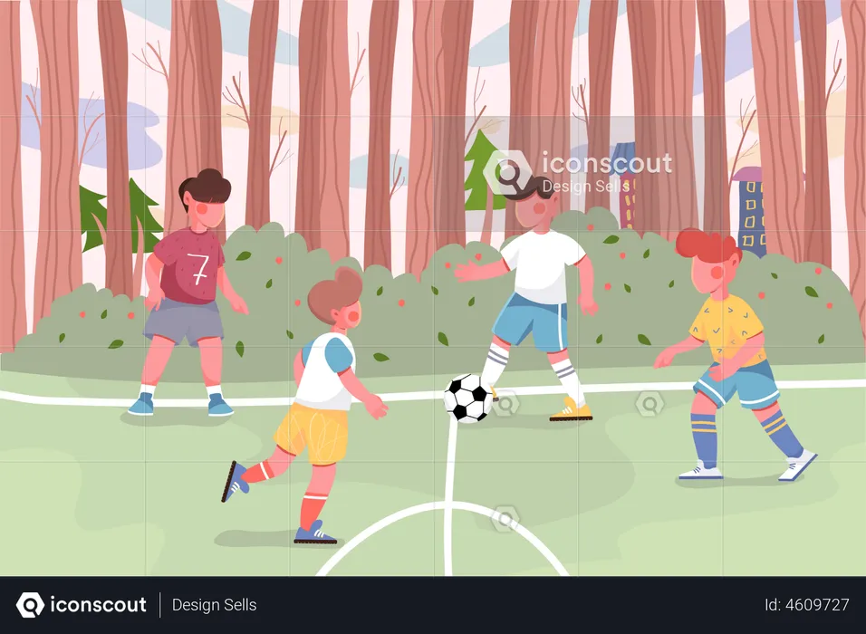 Niños jugando al fútbol en el fondo del campo  Ilustración