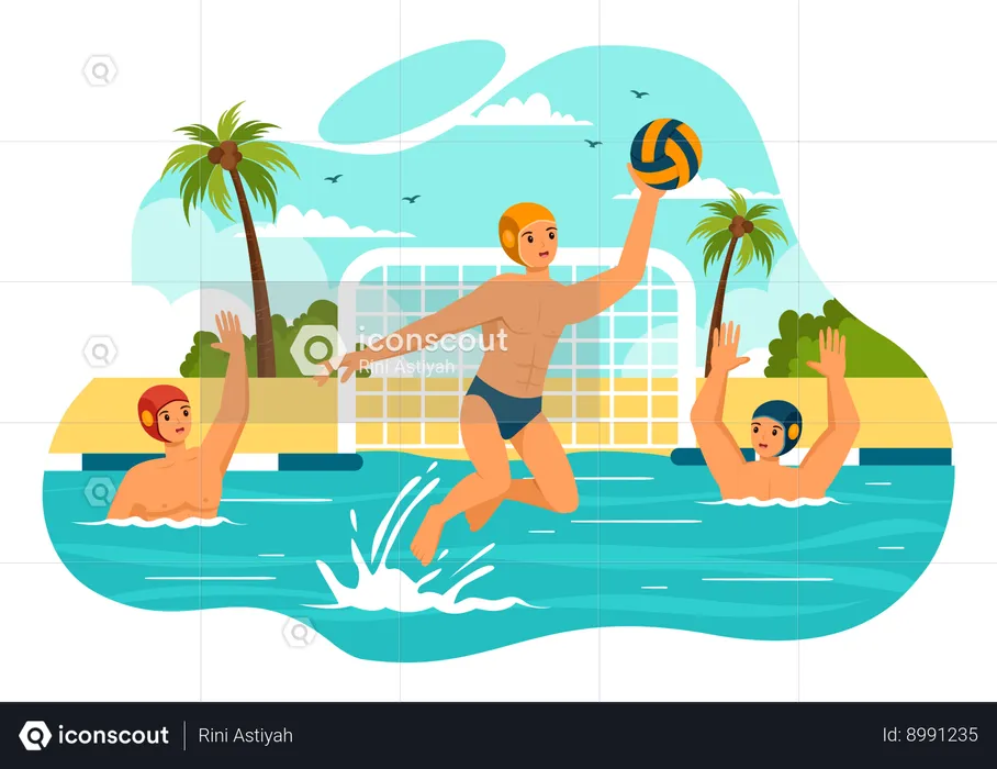 Niños jugando Waterpolo en la piscina  Ilustración