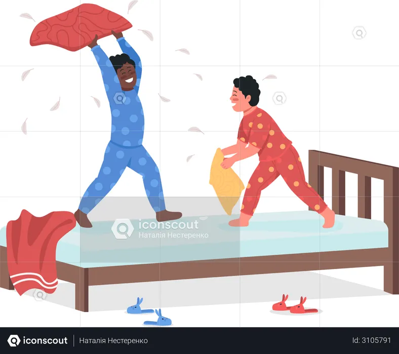 Niños peleando con almohada  Ilustración