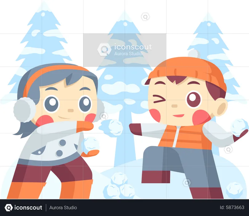 Niños pequeños jugando bolas de nieve en invierno  Ilustración