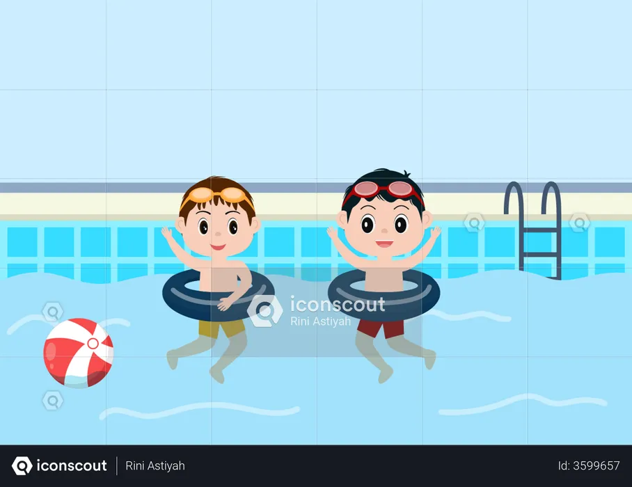 Niños pequeños jugando en la piscina  Ilustración