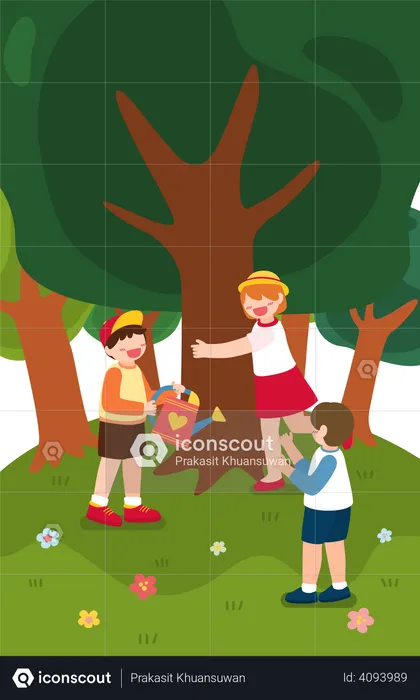 Niños pequeños regando el árbol  Ilustración