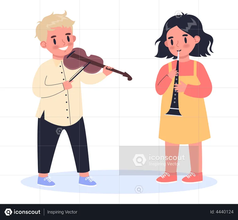 Niños tocando instrumentos musicales.  Ilustración