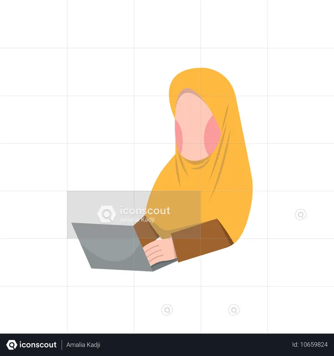 Femme en niqab travaillant sur un ordinateur portable  Illustration