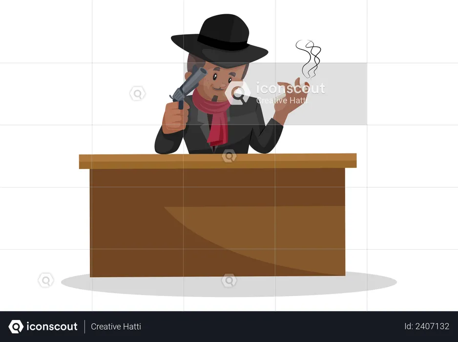 Don fumando cigarro y sosteniendo una pistola.  Ilustración