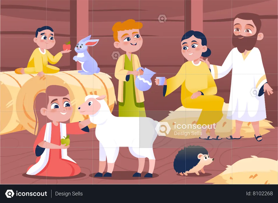 Noah with family at ship  Illustration